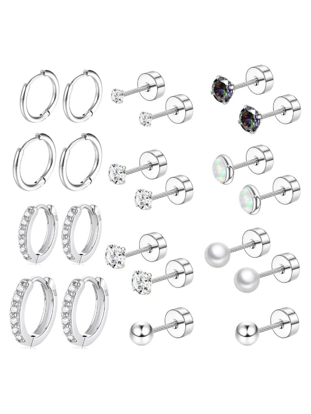 Surgical Steel Flat Back Stud & Huggie Hoop Earring Set Sensitive Ears